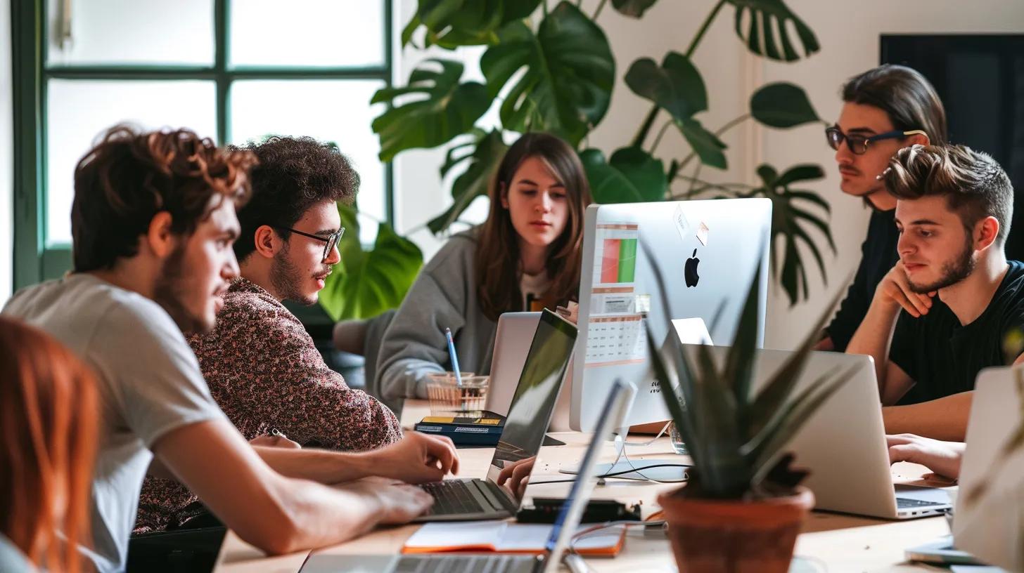 a grpup of designers in blackbeltcommerce are collaborating in front of a Mac computer to create a new ecommerce desingesign