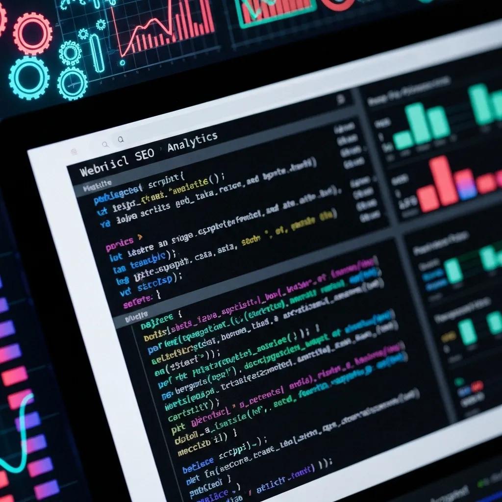 Detailed view of a computer screen showcasing code and analytics, illustrating the intricacies of technical SEO