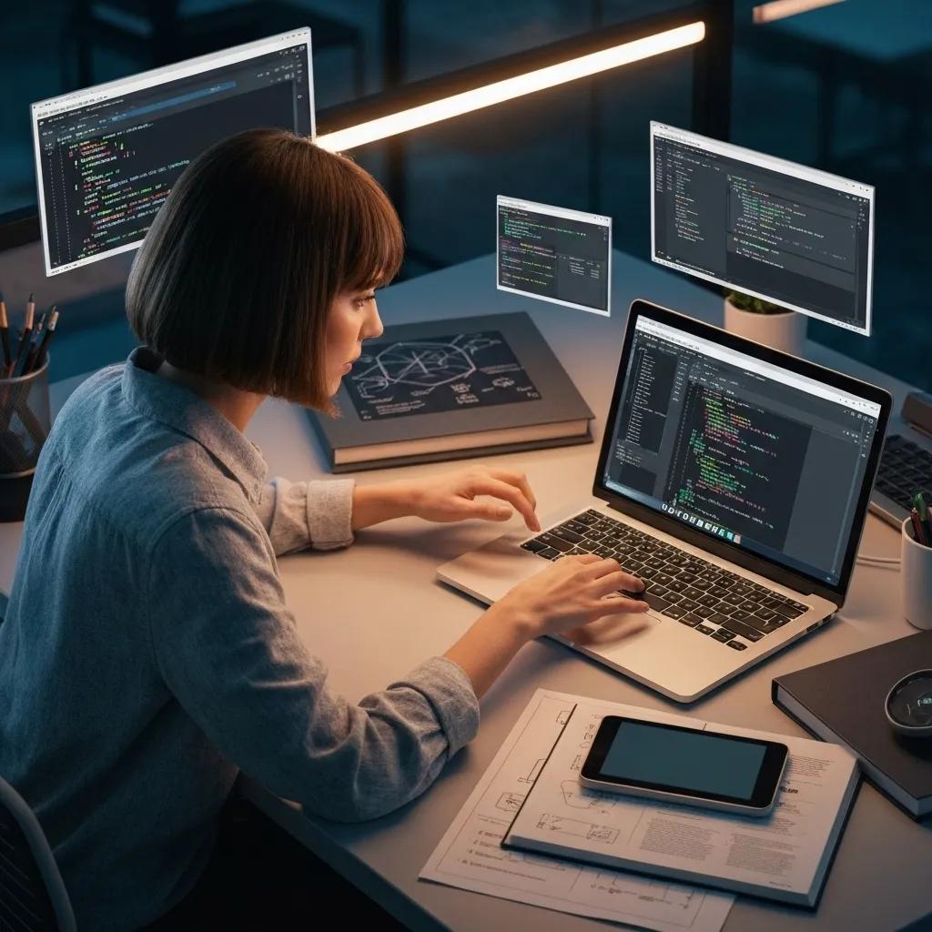 A Shopify Developer immersed in coding, surrounded by programming books and technical diagrams in a tech-centric environment