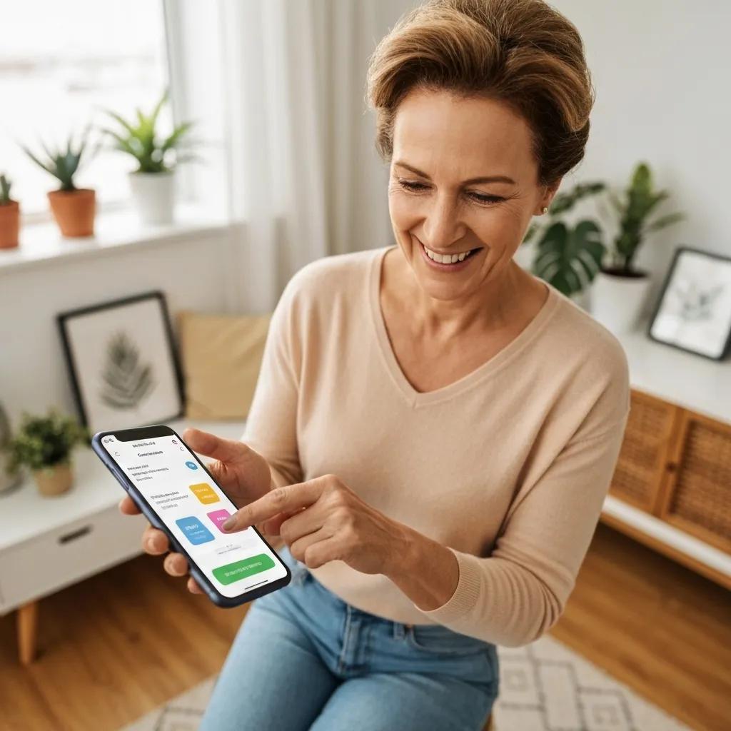 A customer happily completing a purchase on their mobile device in a comfortable home setting