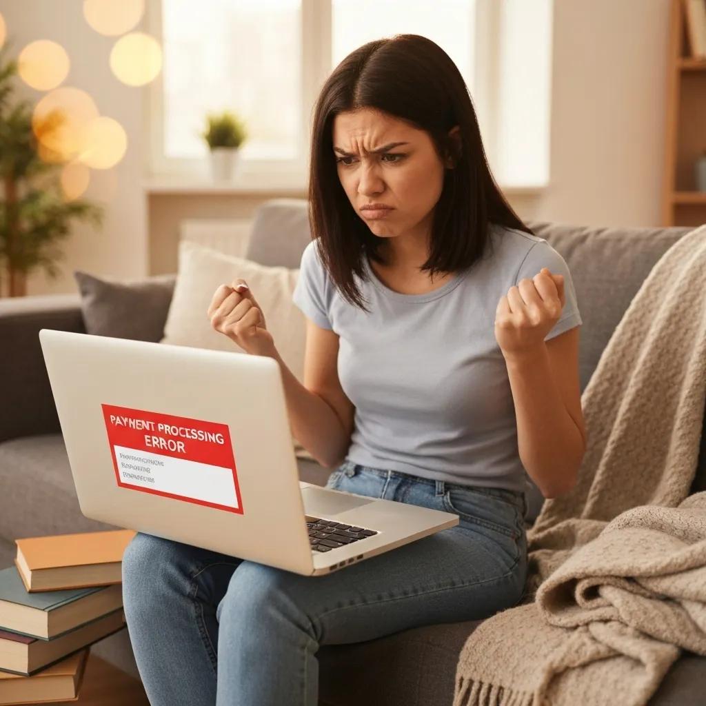 A frustrated shopper struggling with payment gateway issues during the checkout process on Shopify