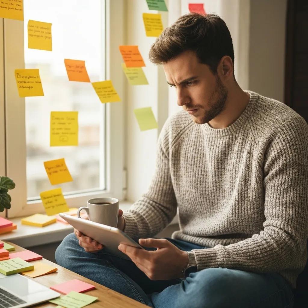 A close-up of a person intently analyzing client reviews for Shopify developers, surrounded by notes and a steaming cup of coffee.