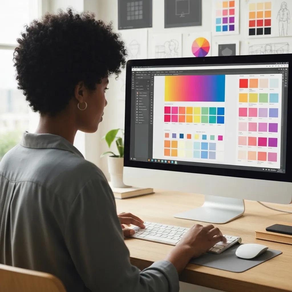 Illustration of a designer meticulously customizing a Shopify theme, showcasing vibrant design elements and sophisticated color palettes