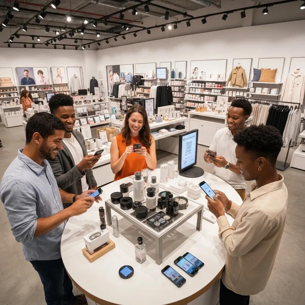 Customers engaging with a custom-built Shopify app within a modern retail store setting