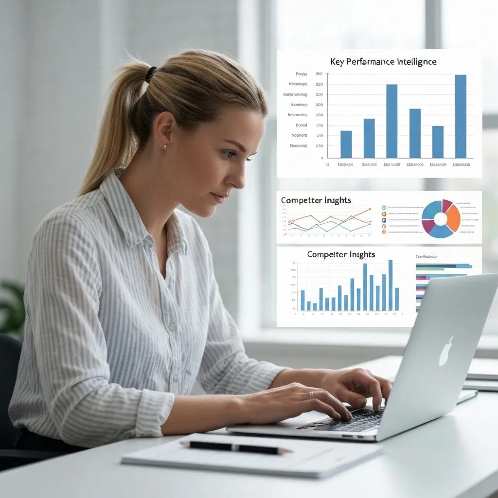 An individual meticulously analyzing competitive data on a laptop within a contemporary workspace