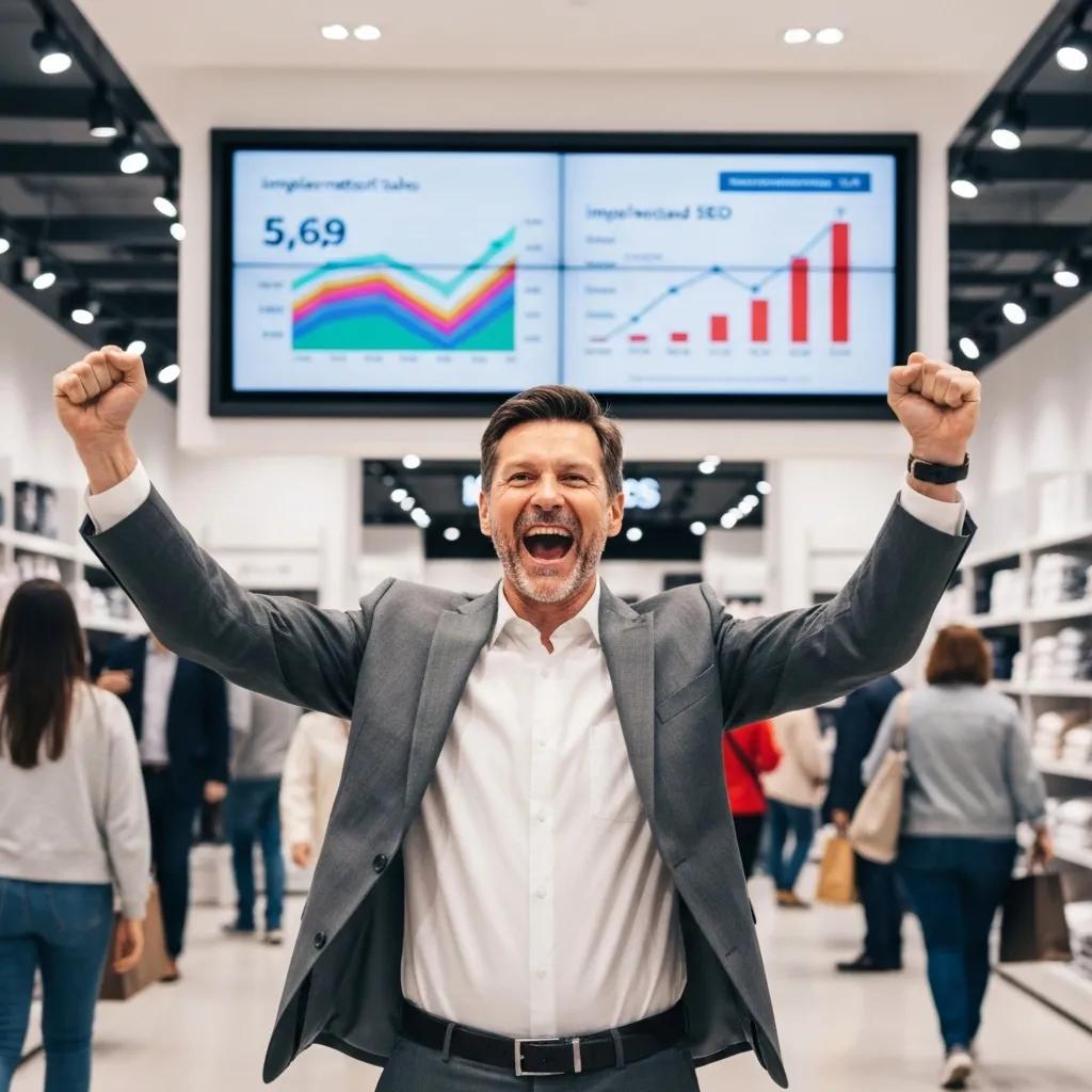 Business owner celebrating increased sales in a retail environment, highlighting the success of Shopify SEO strategies