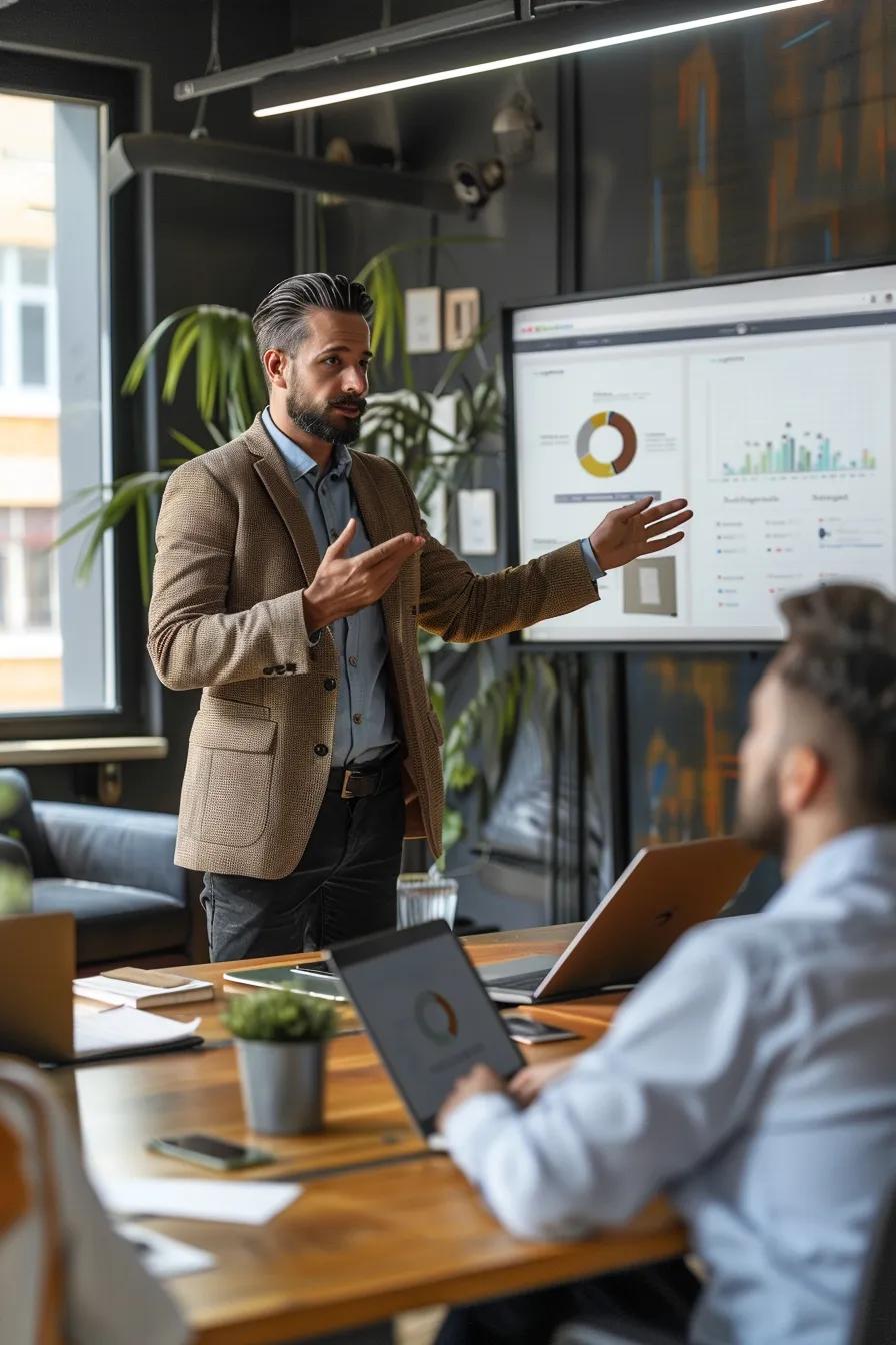A business consultant presenting a dynamic Shopify growth strategy to a group of engaged entrepreneurs in a modern meeting room