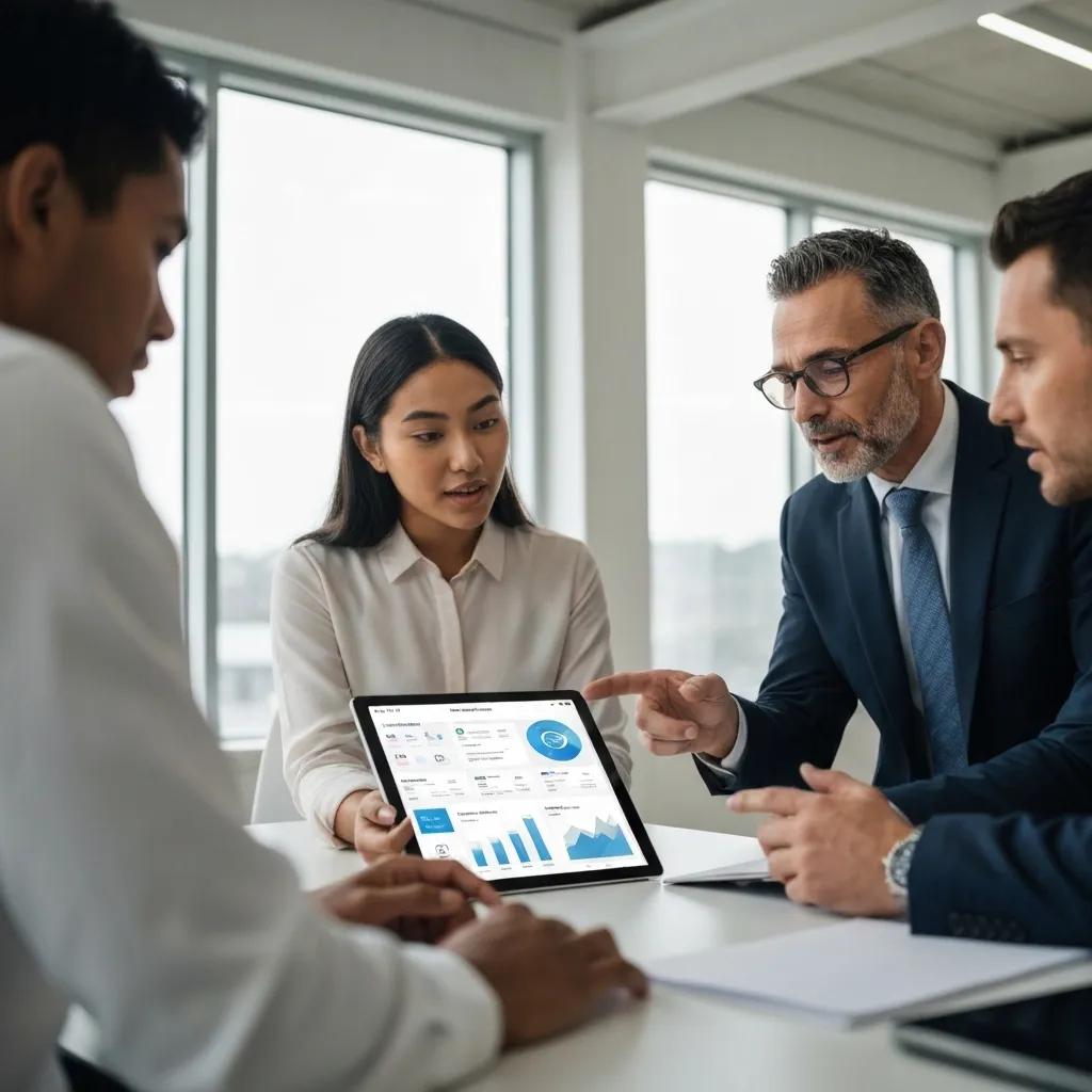 A team of business professionals collaborating around a digital tablet, examining the features of a custom Shopify app