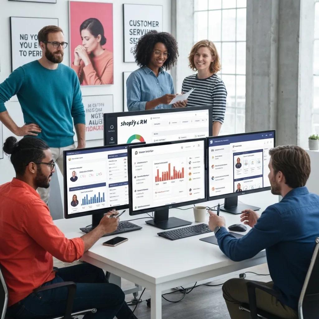 Team collaborating on Shopify CRM integration, showcasing customer engagement and teamwork