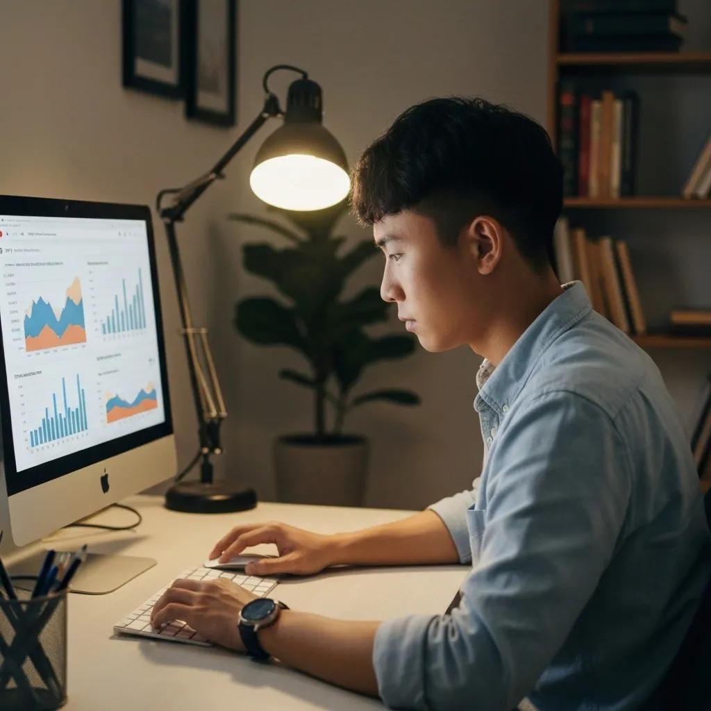 Close-up of a person intently analyzing website performance metrics on a laptop in a comfortable home office setting