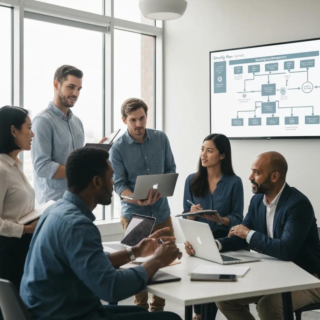 An agency team meticulously discussing the Shopify Plus app integration process, illustrated with a clear, detailed flowchart