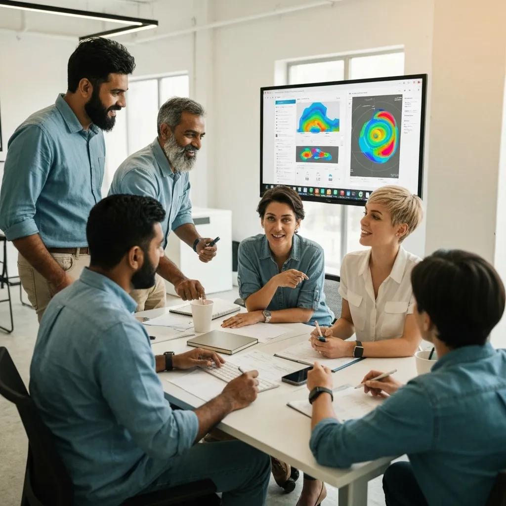 Team analyzing customer behavior data using heatmaps and session recordings in a modern office setting