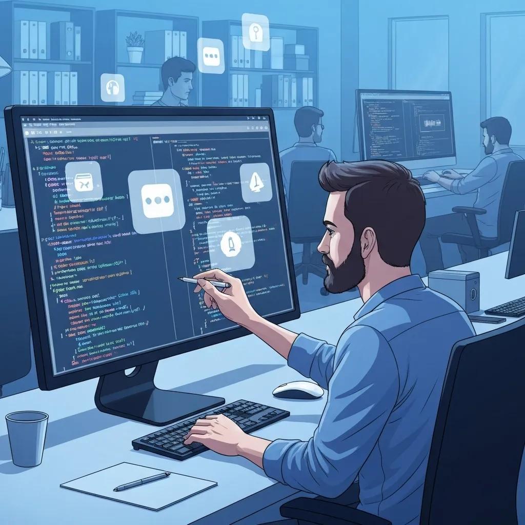 A developer meticulously analyzing code to resolve Shopify app conflicts, surrounded by visual cues of various app icons.