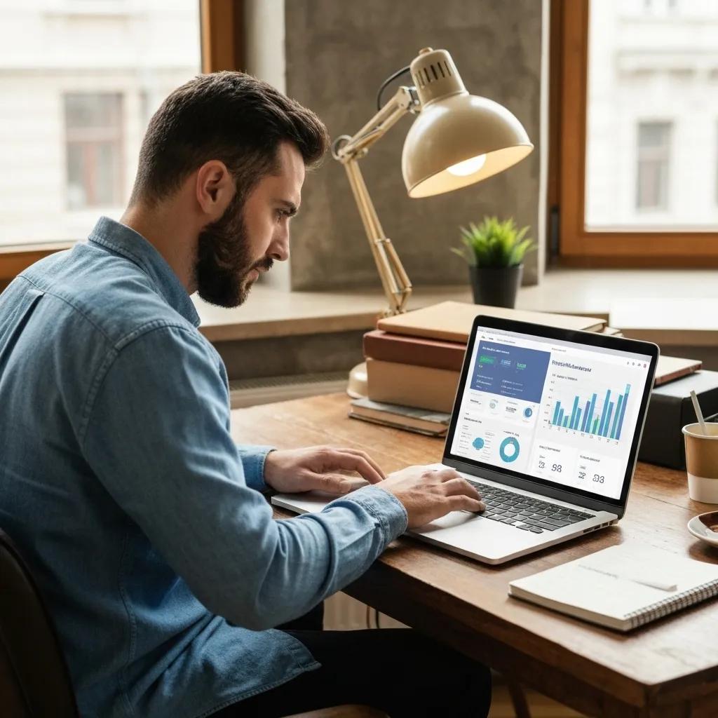 Shopify expert performing a technical audit on a laptop in a cozy workspace