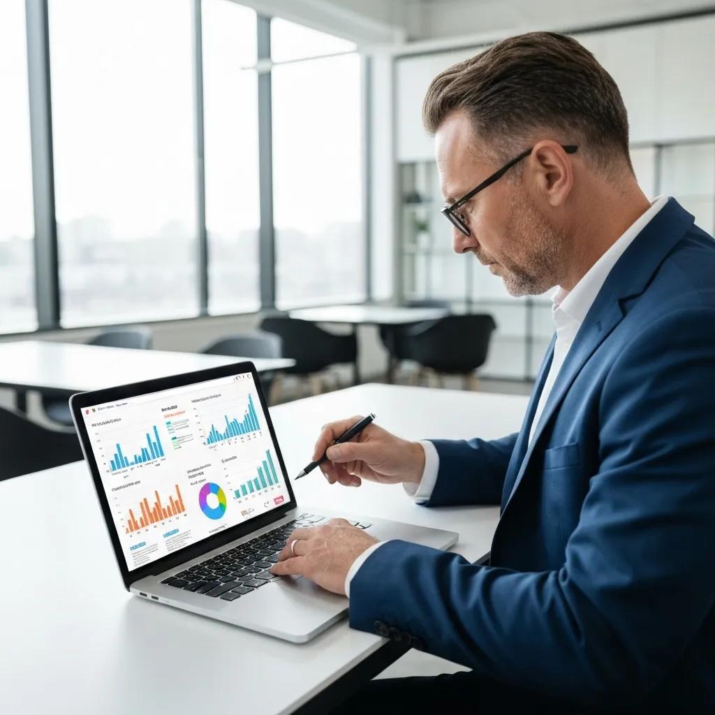 Professional conducting a Shopify SEO audit on a laptop, illustrating technical optimization processes