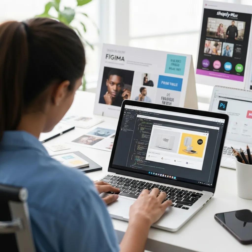 A developer meticulously customizing Shopify Plus on a laptop, showcasing the platform's potential for creating tailored e-commerce solutions