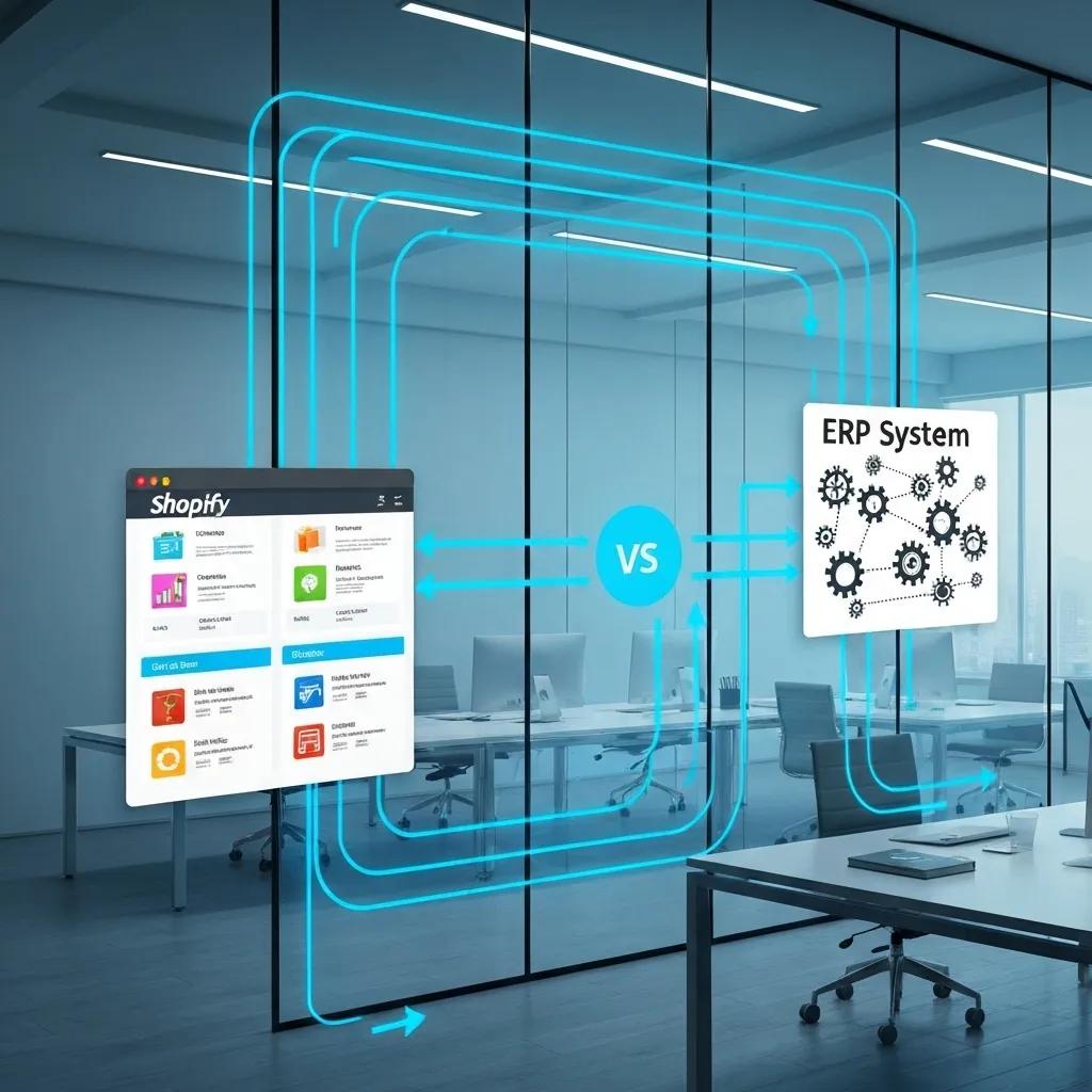 Visual depiction of Shopify ERP integration with dynamic data streams, emphasizing operational efficiency