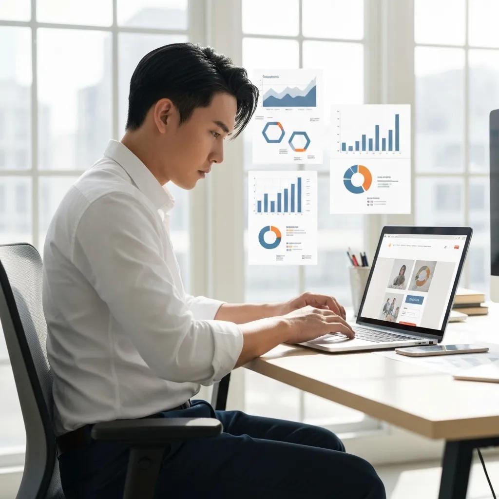 A Shopify Expert meticulously optimizing a website using marketing tools and analytics in a professional setting