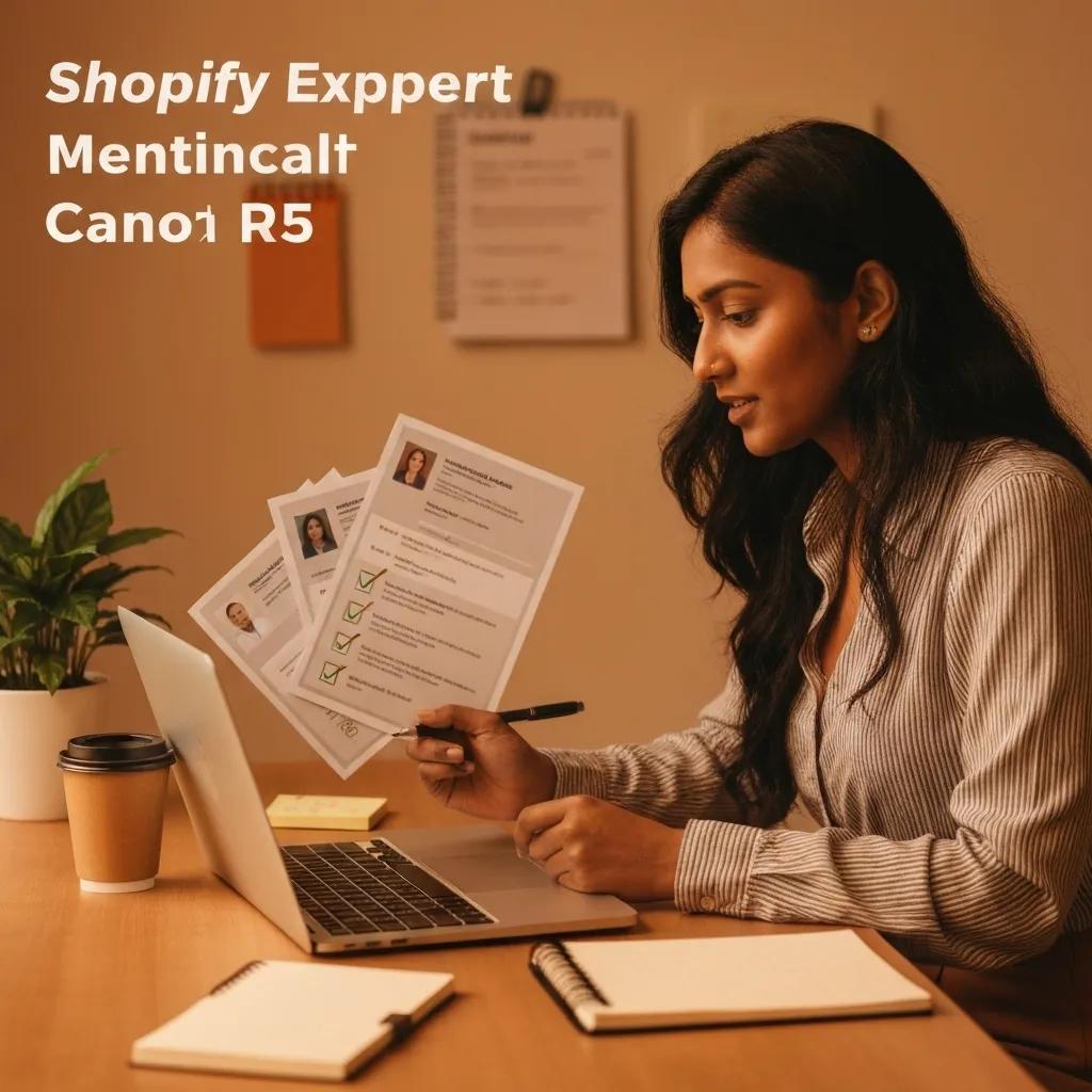 An individual meticulously reviewing portfolios and resumes to select the ideal Shopify expert