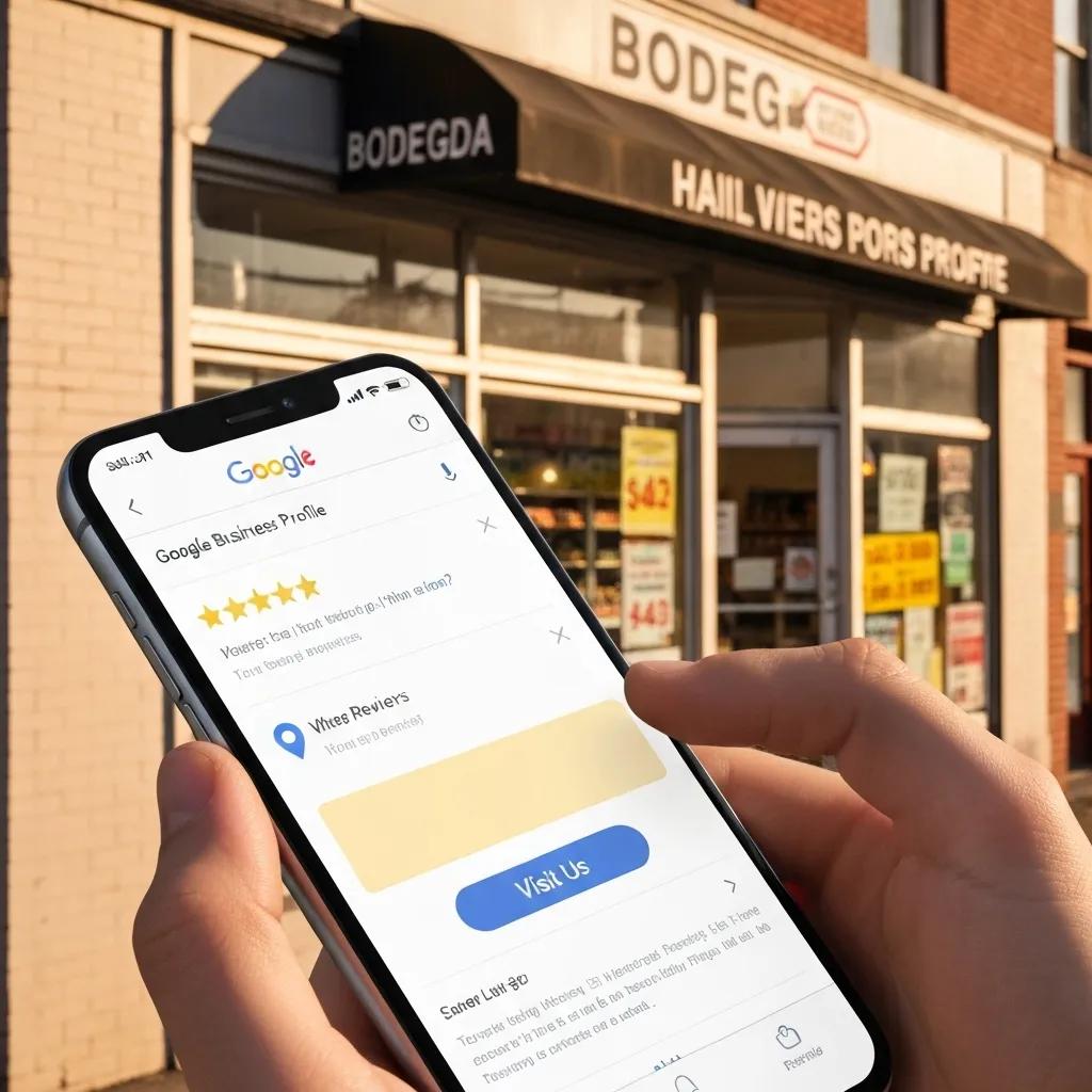 Google Business Profile on smartphone with local storefront background