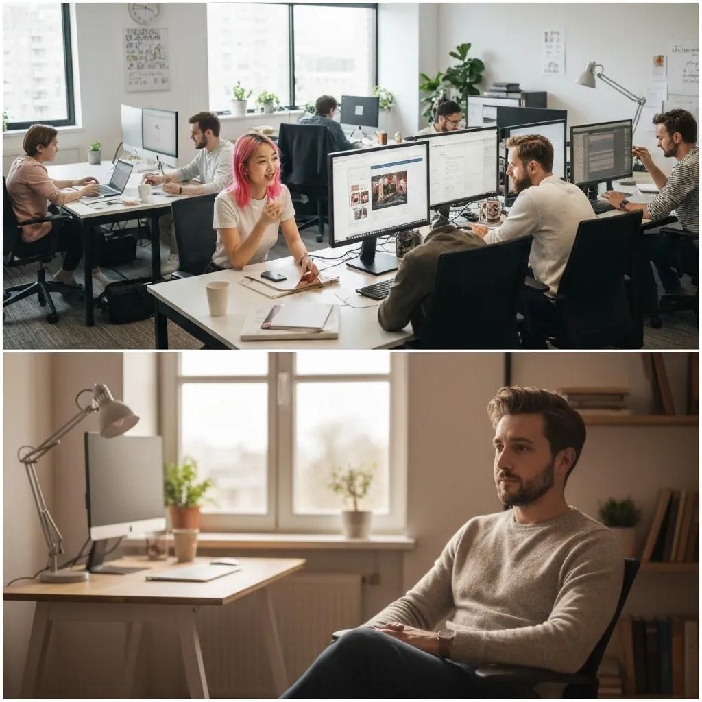 A visual comparison contrasting the professional environment of a Shopify agency with the focused, personal workspace of a freelance developer.