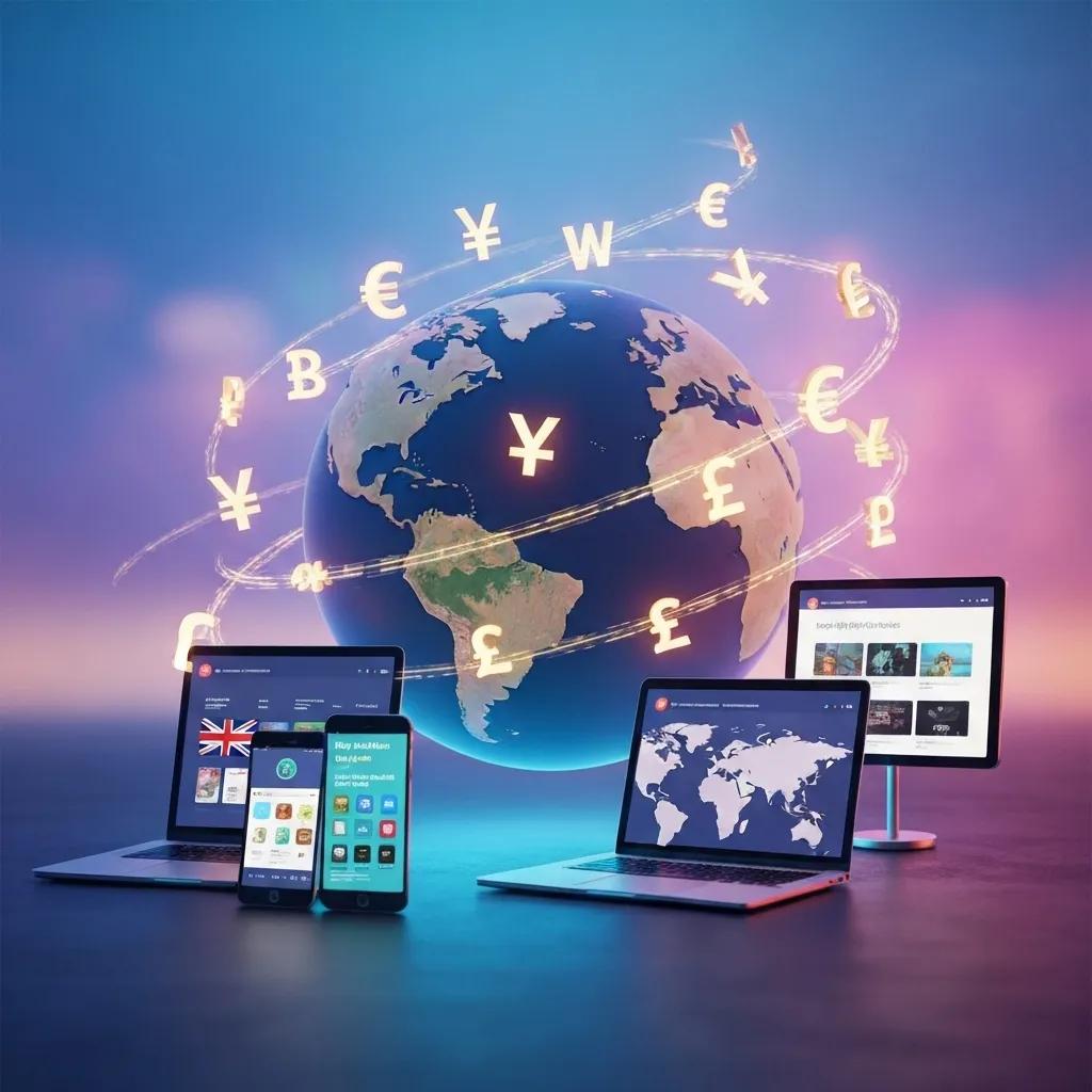 Globe with currency symbols and digital devices, illustrating Shopify Plus international expansion