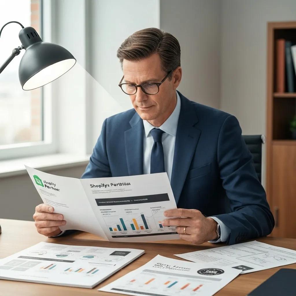 A professional meticulously reviewing certification documentation and performance metrics for Shopify Plus Partners