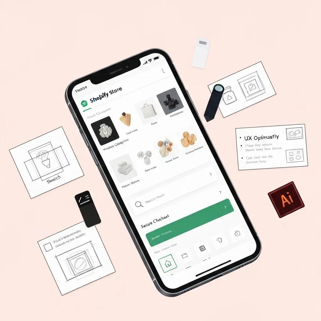 A mobile device displaying a highly optimized Shopify store interface, alongside design and analytics tools
