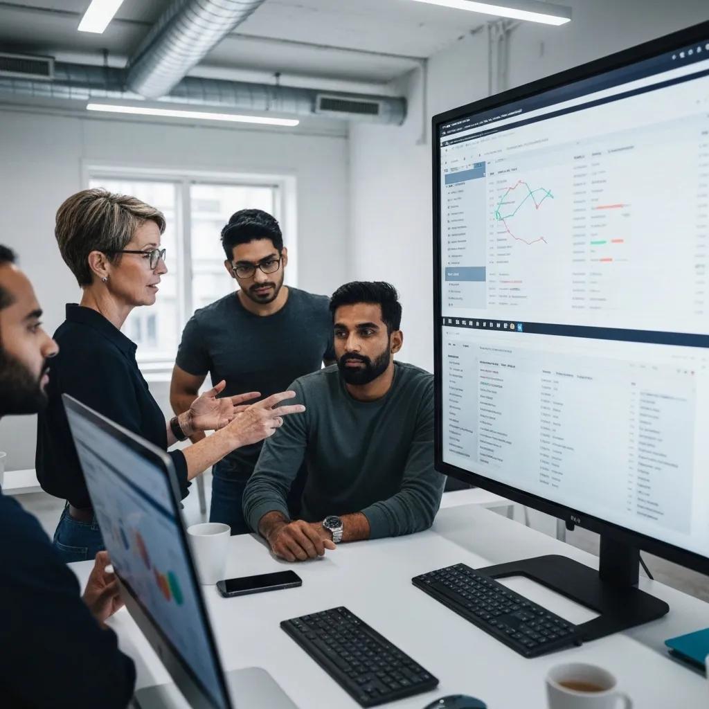 A collaborative team strategizing on an e-commerce project, with detailed analytics displayed on a screen.
