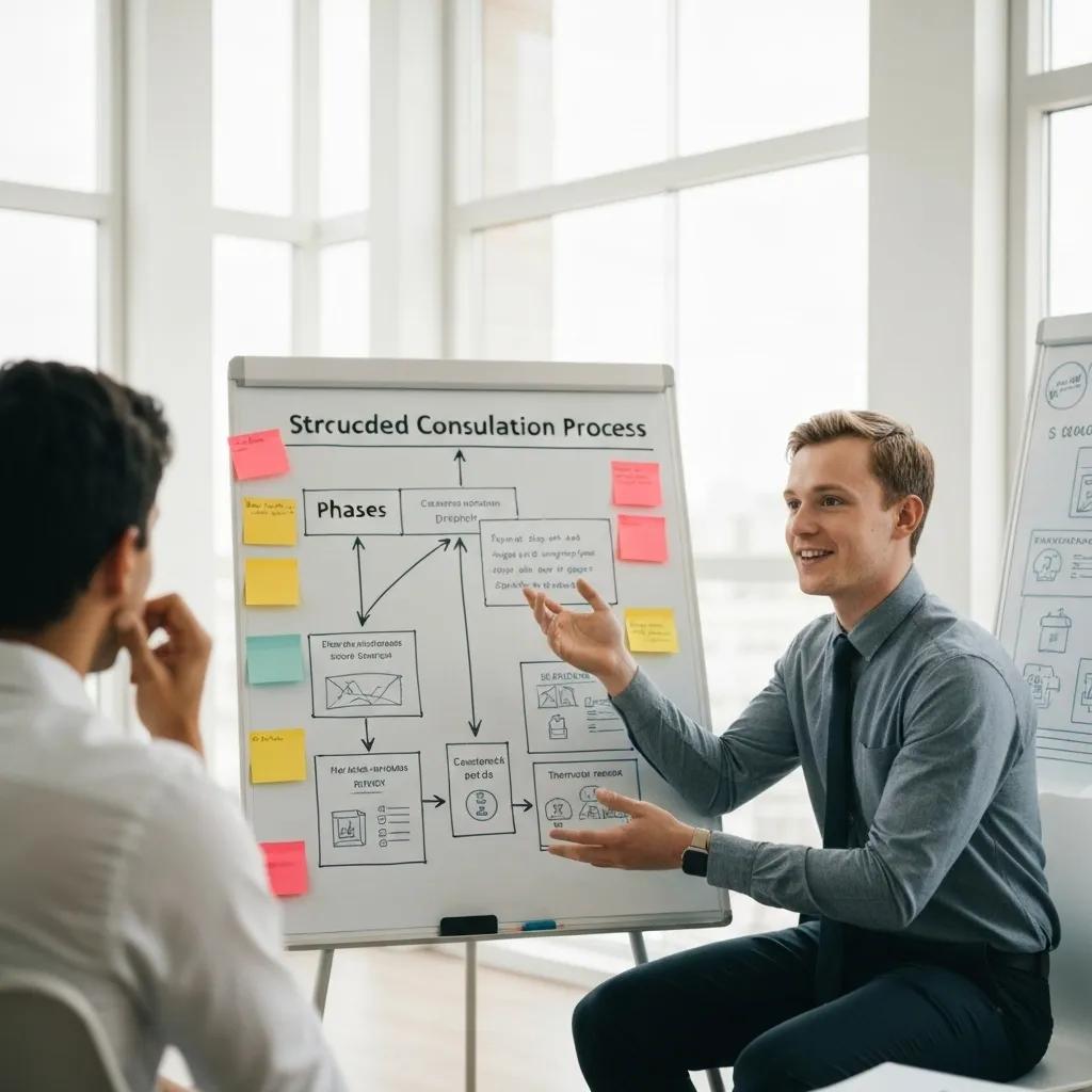 Consultant explaining the Shopify consultation process with a flowchart on a whiteboard