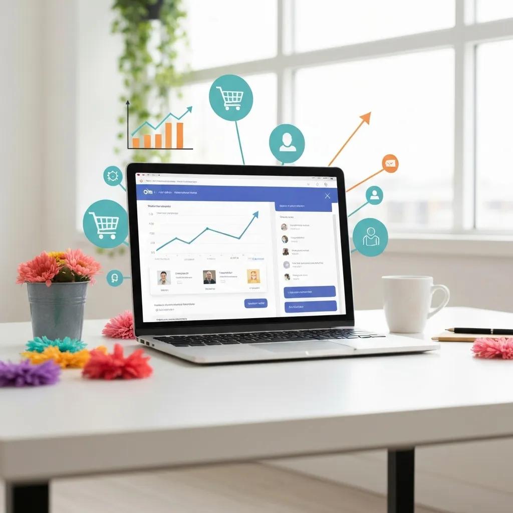 A business owner reviewing a laptop displaying a successful online store, with growth charts symbolizing the benefits of Shopify development.