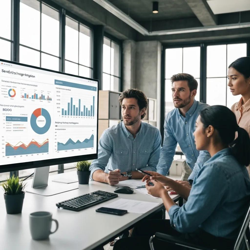 Team of e-commerce marketing specialists collaborating on SEO tool integration and strategy