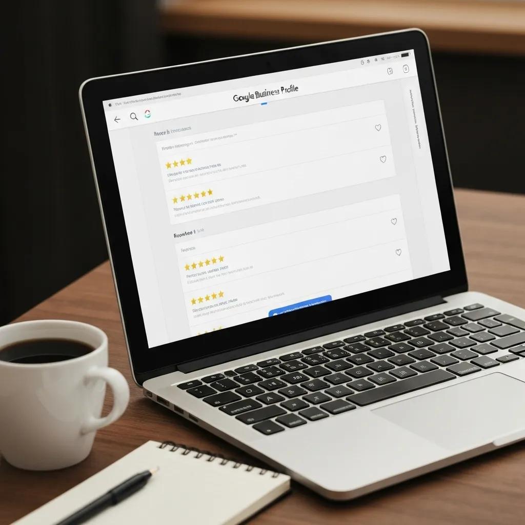 Laptop screen displaying glowing customer reviews on a Google Business Profile