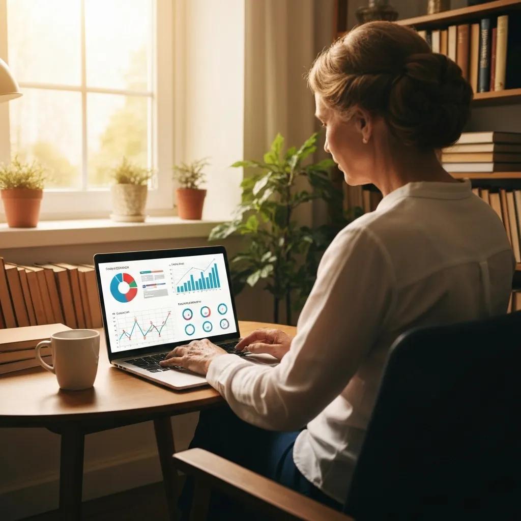 A person intently analyzing SEO data on a laptop in a comfortable, well-lit home office setting