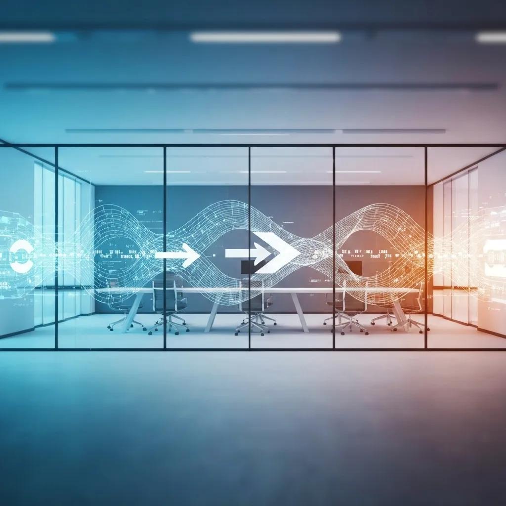 Abstract representation of seamless data migration in a modern office, illustrating Shopify Plus best practices
