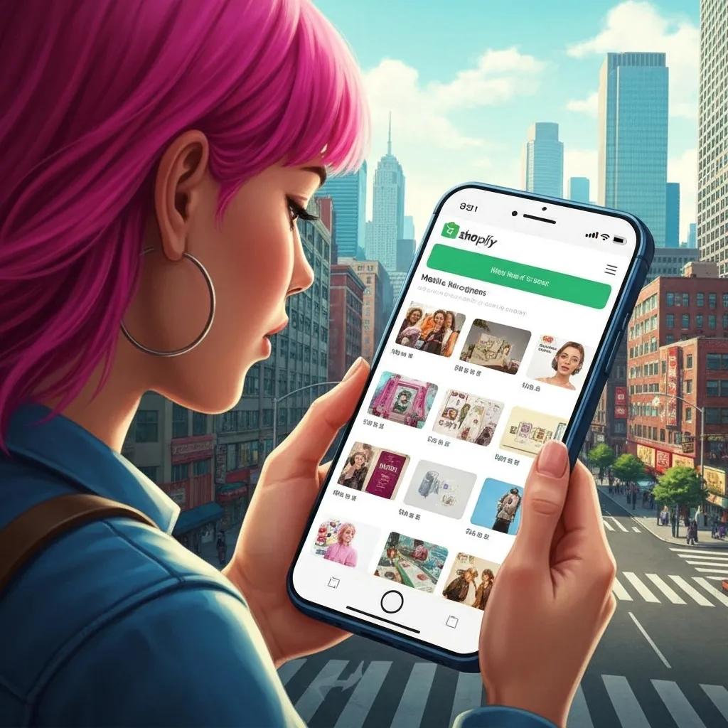 A person engrossed in browsing a Shopify store on their smartphone in a vibrant urban setting, highlighting mobile optimization