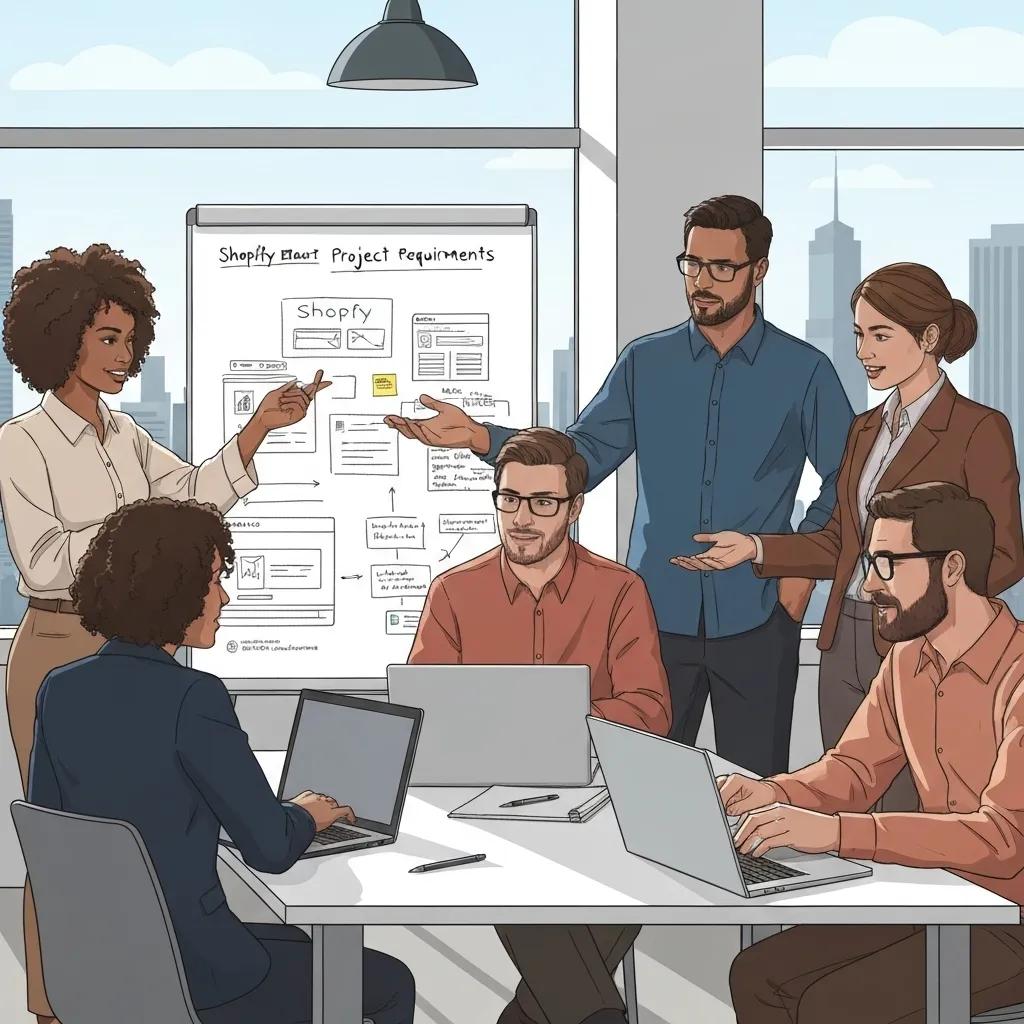 A focused team meticulously planning Shopify project requirements, complete with detailed notes and strategic diagrams on a whiteboard