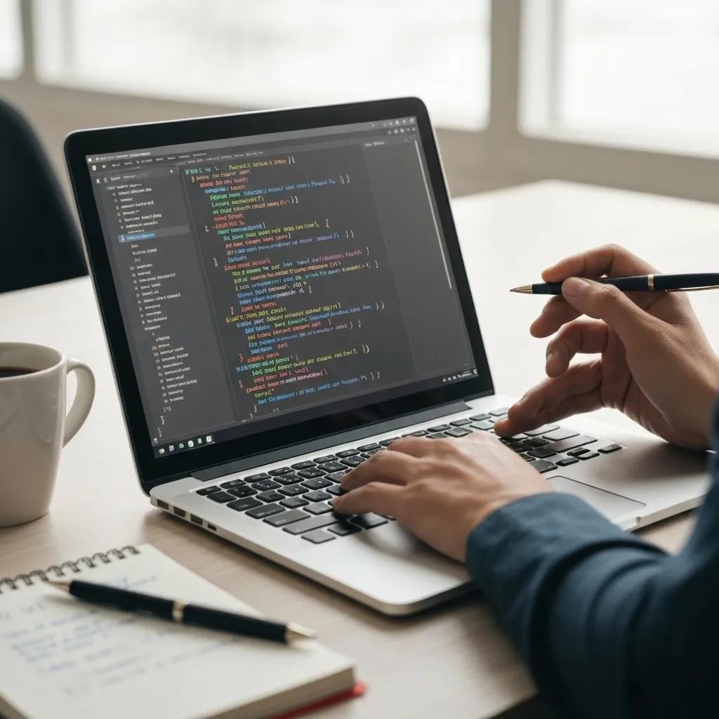 A developer meticulously working on code on a laptop, with visual cues highlighting potential hidden fees.