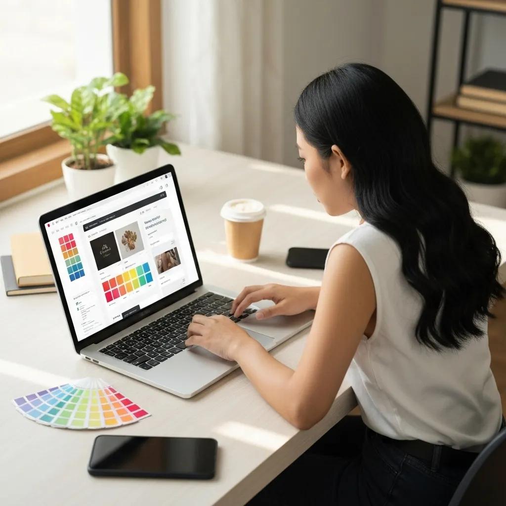 A freelance developer meticulously customizing a Shopify theme within a well-organized, productive workspace.