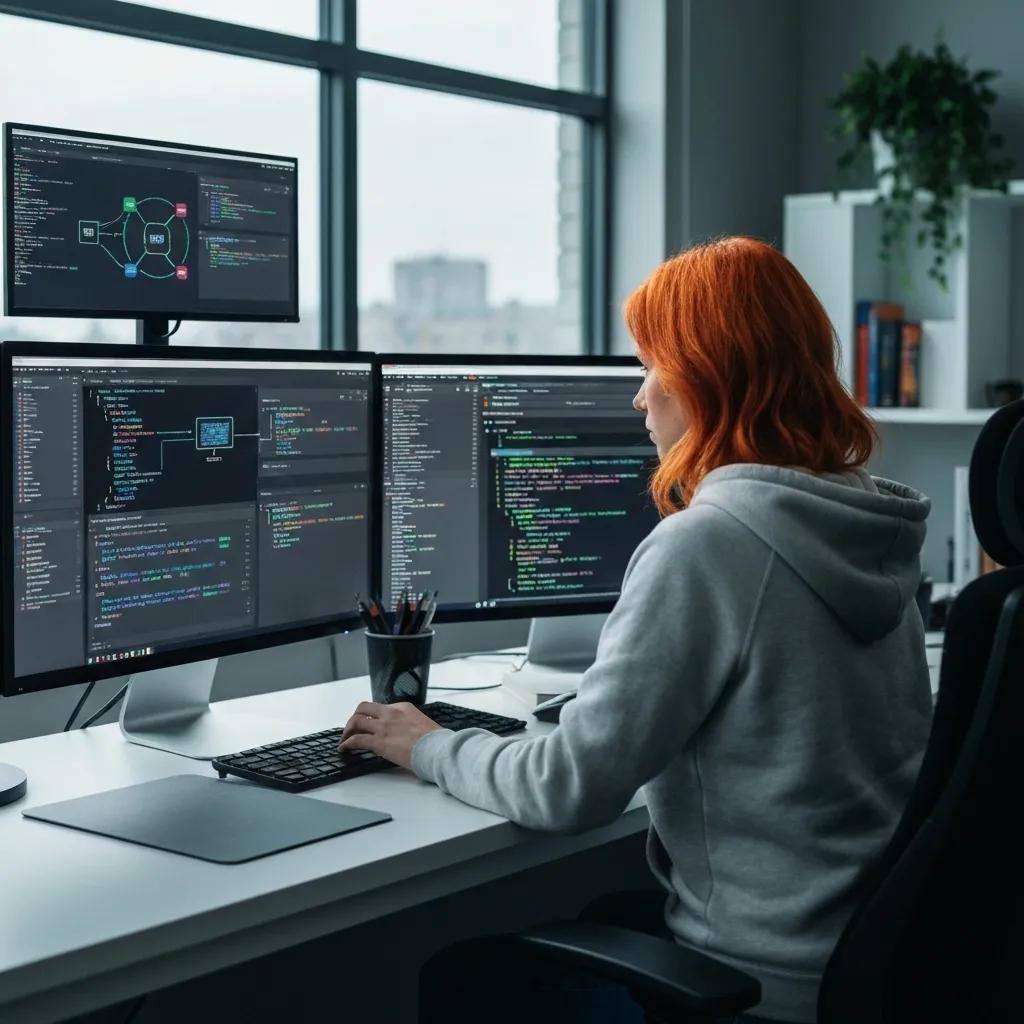 A developer meticulously integrating APIs for a Shopify store, set against a backdrop of modern technology.