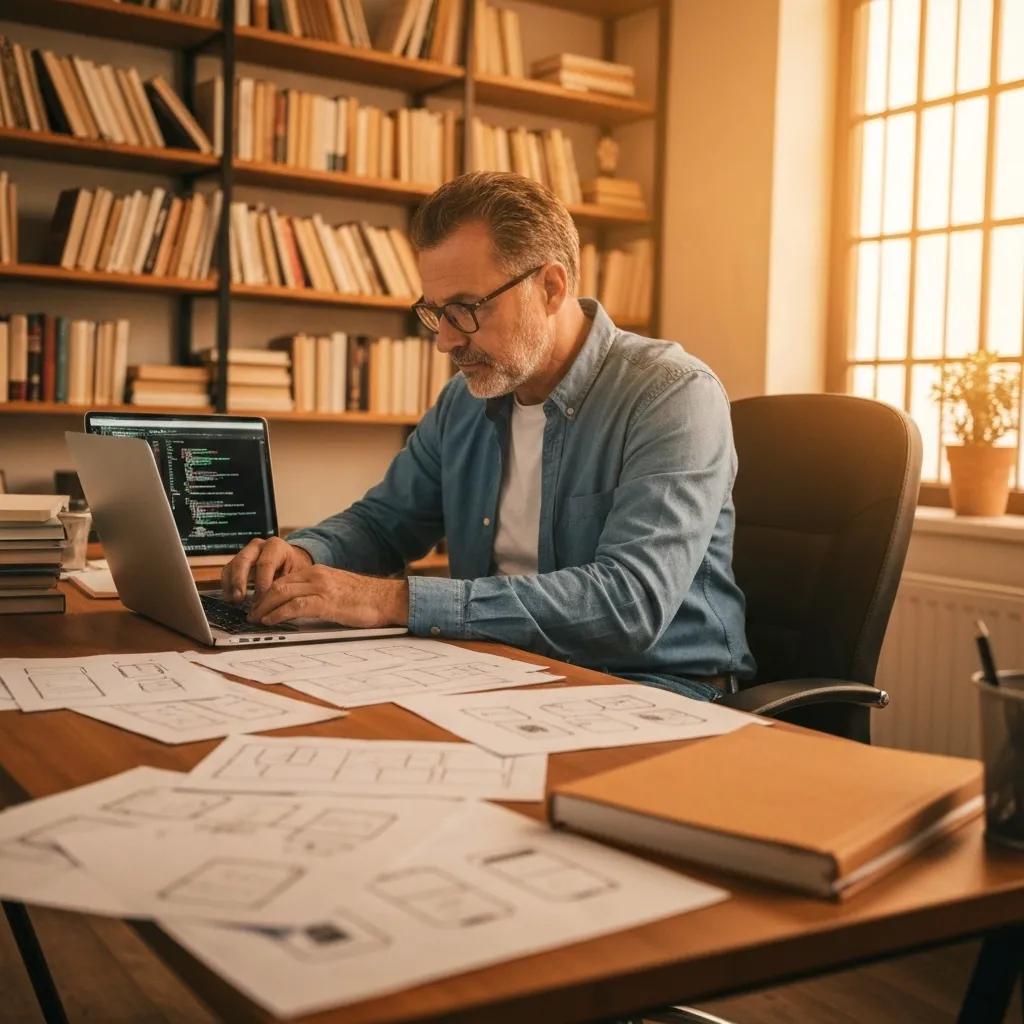 A developer focused on coding on a laptop, surrounded by design sketches in a comfortable office environment, illustrating the creation process.
