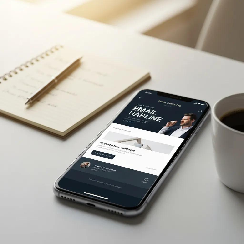 A smartphone displaying a beautifully designed email marketing campaign in a creative, modern workspace