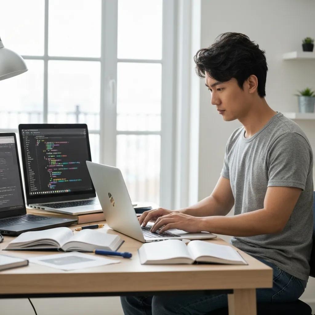 A freelance developer immersed in e-commerce projects, surrounded by coding books and design tools