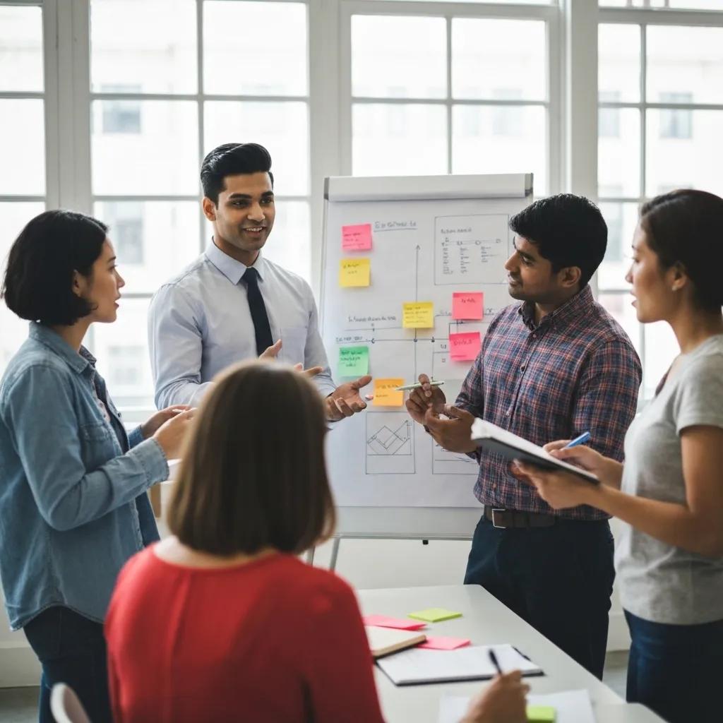 A project manager skillfully guiding a team meeting focused on effective project management strategies.