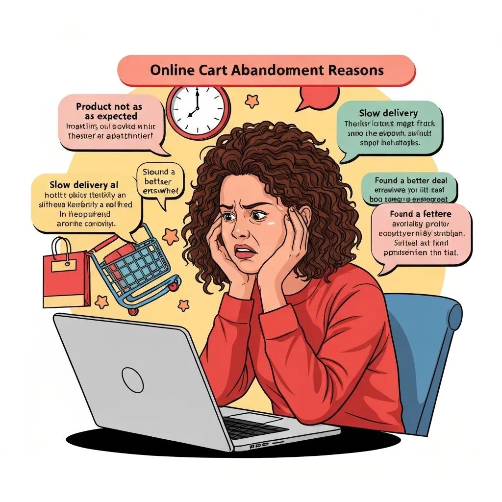 A frustrated online shopper staring at an abandoned cart on their laptop, illustrating common reasons for cart abandonment