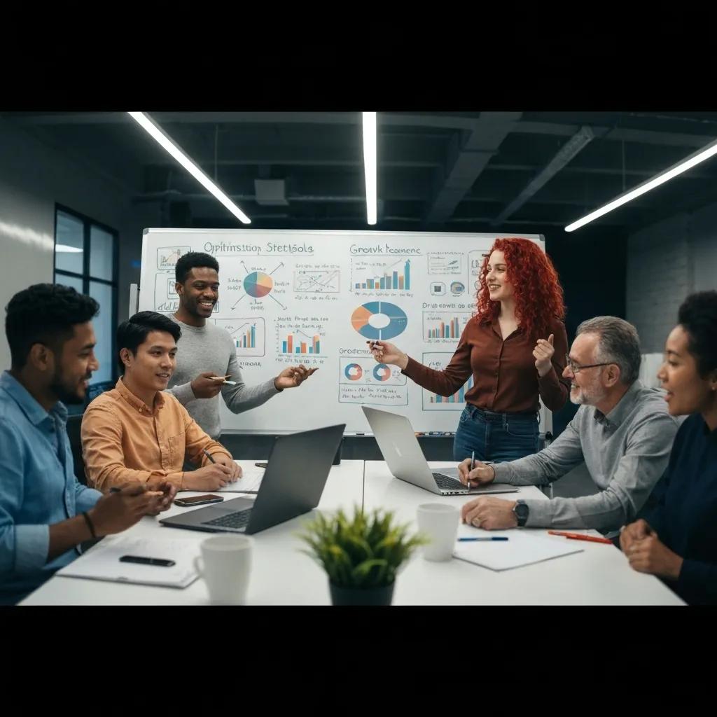 A digital marketing strategy session featuring a whiteboard filled with optimization strategies