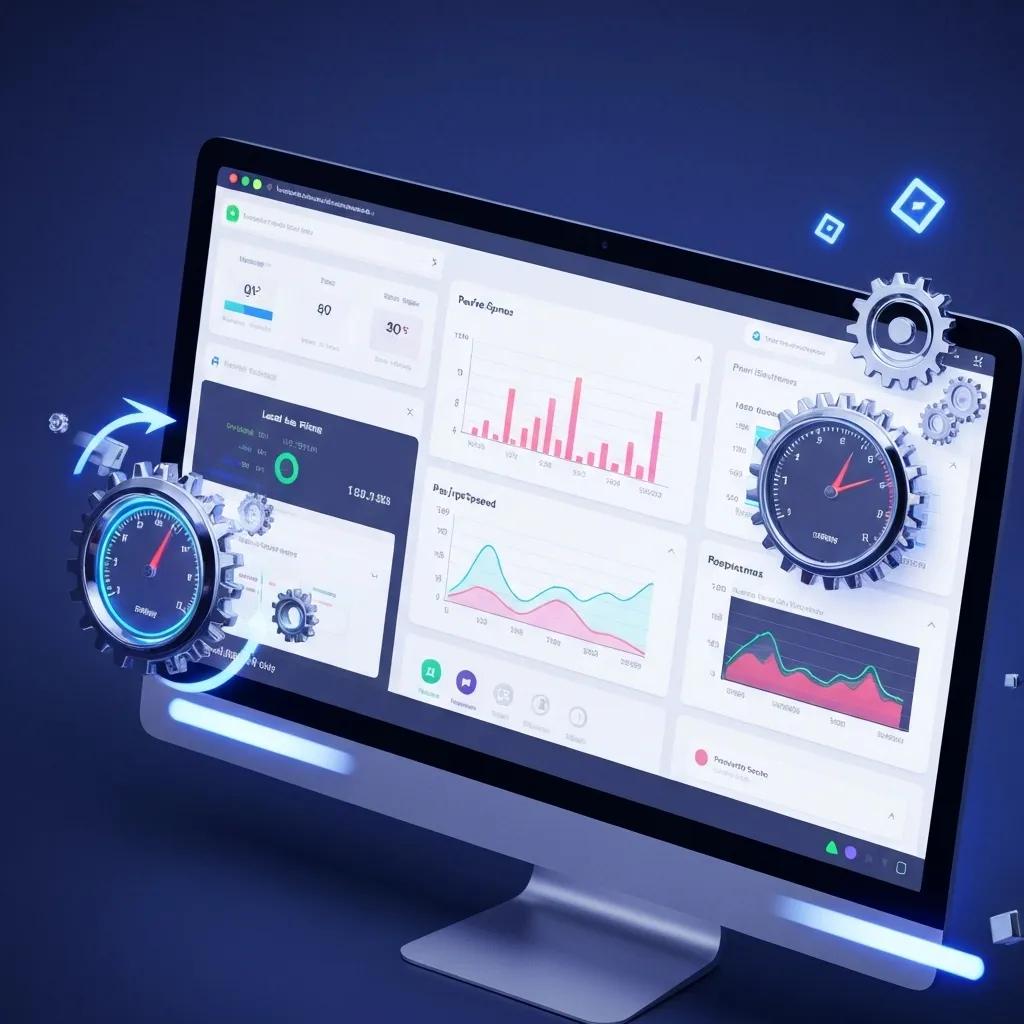An illustration depicting speed optimization for a Shopify store, featuring performance metrics and intricate gear mechanisms