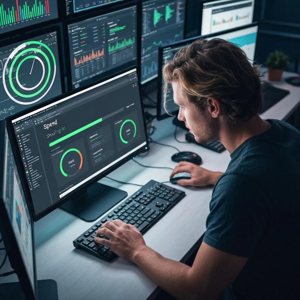 Developer optimizing Shopify store performance with speed metrics