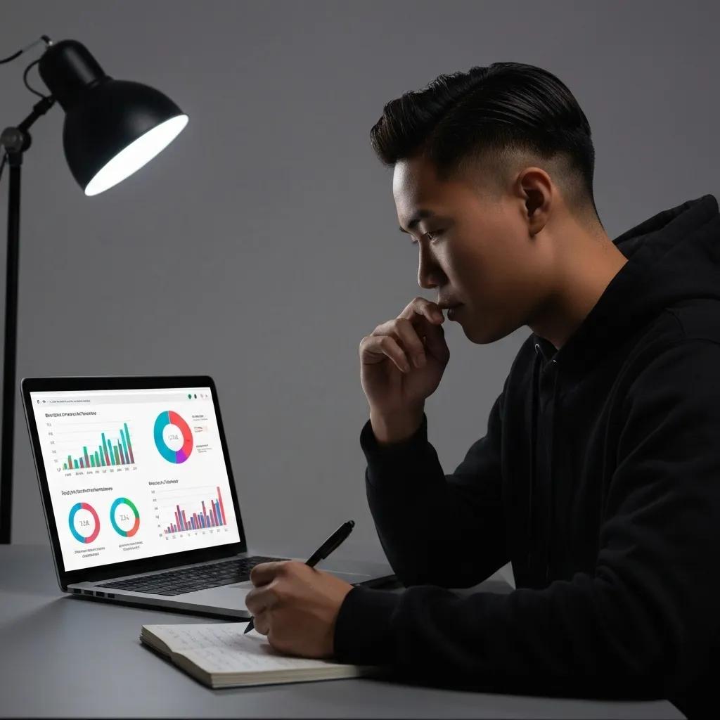 A Shopify developer intently analyzing performance data on a laptop, highlighting the critical importance of conversion rate optimization skills