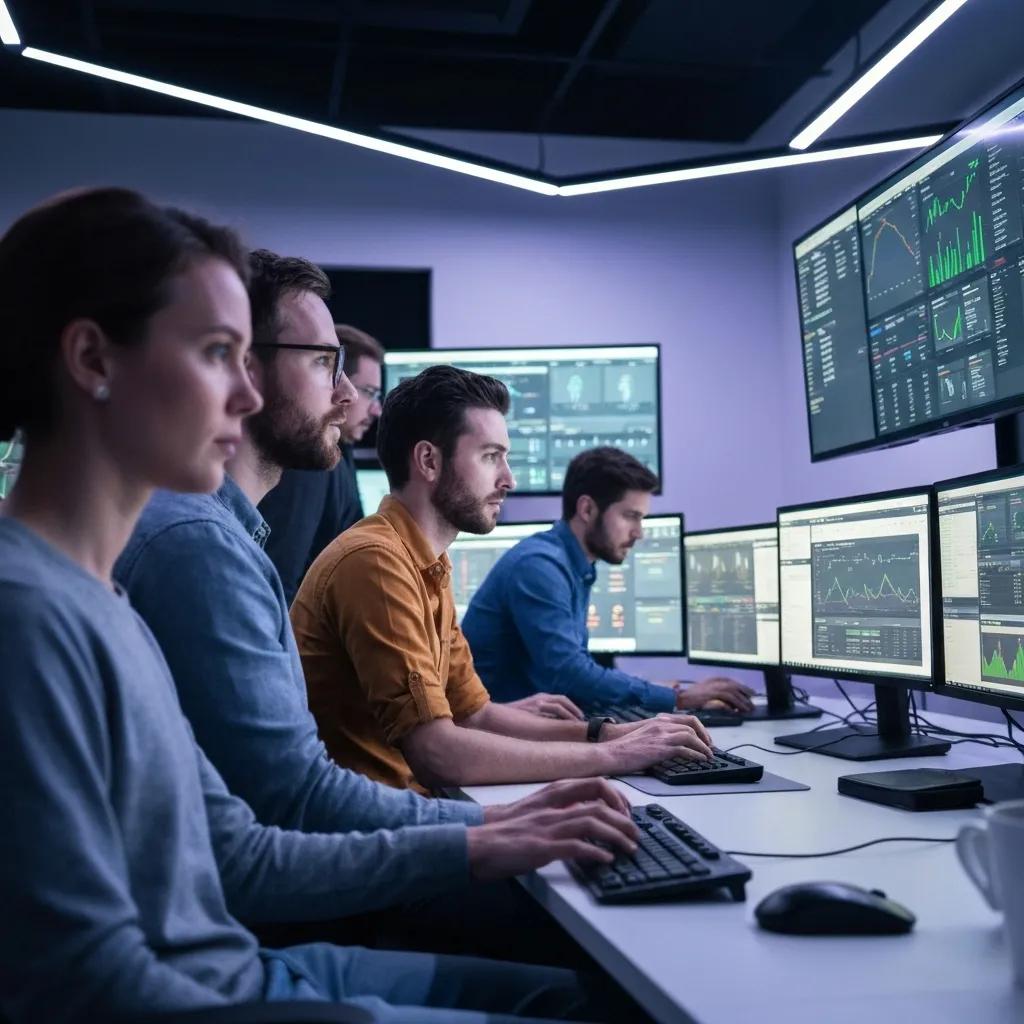 A dedicated technical support team diligently monitoring Shopify store performance metrics in a high-tech control room environment